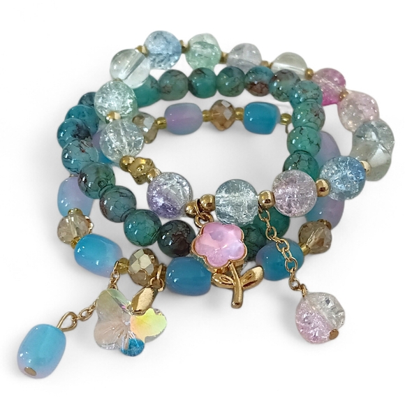 Jewelry - Sparkling Teal Beaded Charm Bracelet Set Blue Pink Flower Butterfly Cute Fairy